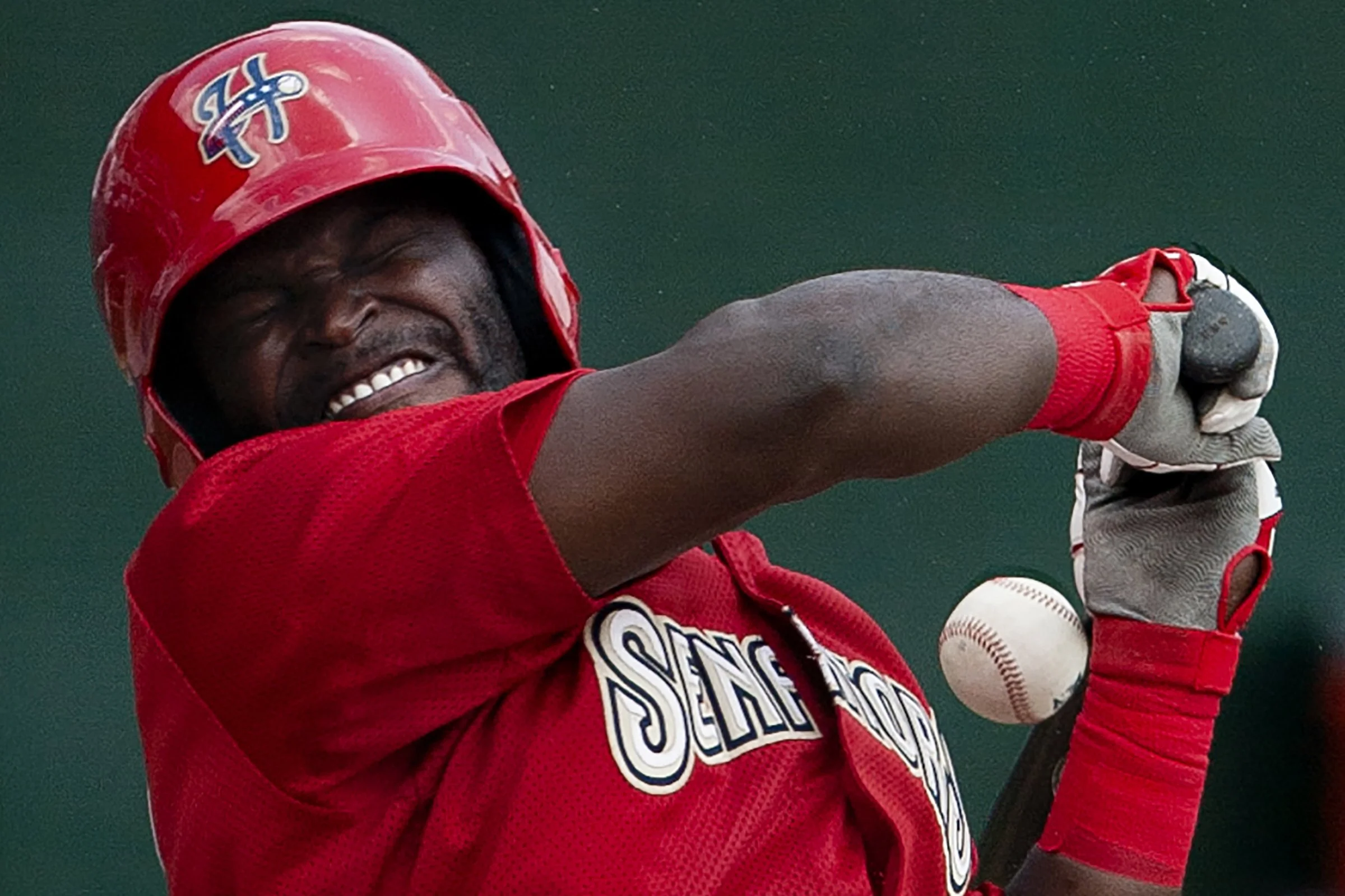 Senators’ Leonard Davis is hit by a pitch during the first inning of a baseball game against the Erie SeaWolves in Harrisburg, Pa. Davis was forced out on second, ending the first inning. The Senators lost 1-5.