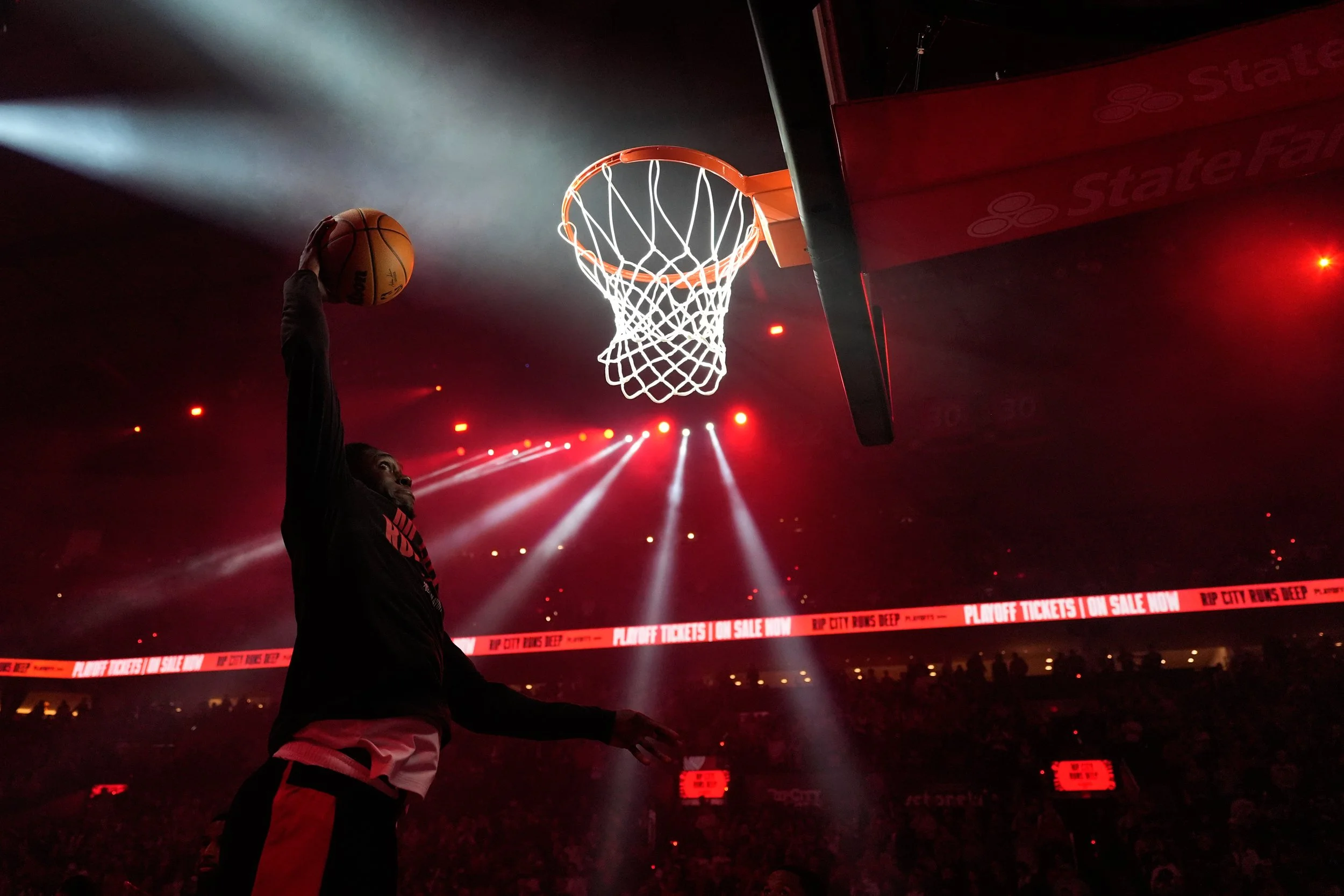 Portland Trail Blazers guard Sidy Cissoko warms up before Game 3 of a first-round NBA playoffs basketball series against the San Antonio Spurs in Portland, Ore, Friday, April 24, 2026.