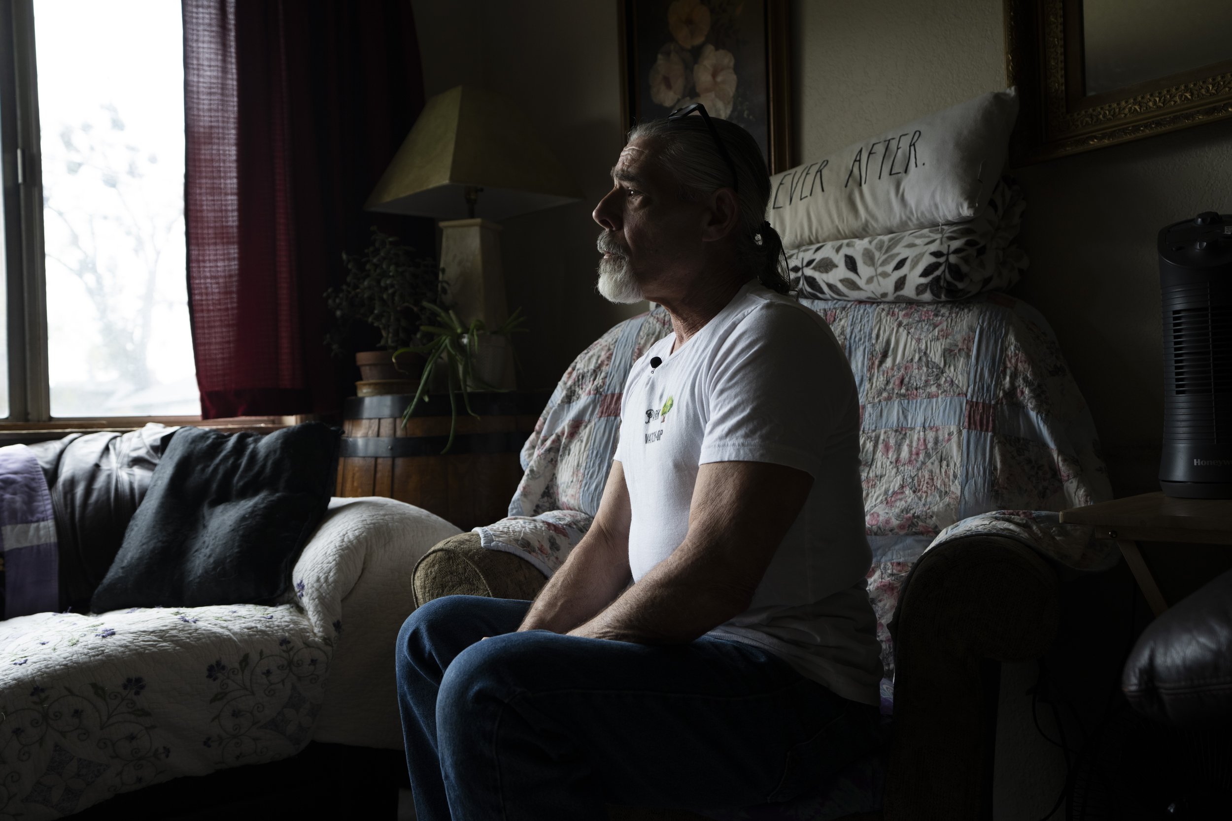 Brock Spurgeon speaks during an interview with the Associated Press on Friday, March 22, 2024, in Grants Pass, Ore. Spurgeon is a member of a self-proclaimed “park watch” group. Spurgeon said the group isn’t against homeless people, but rather public