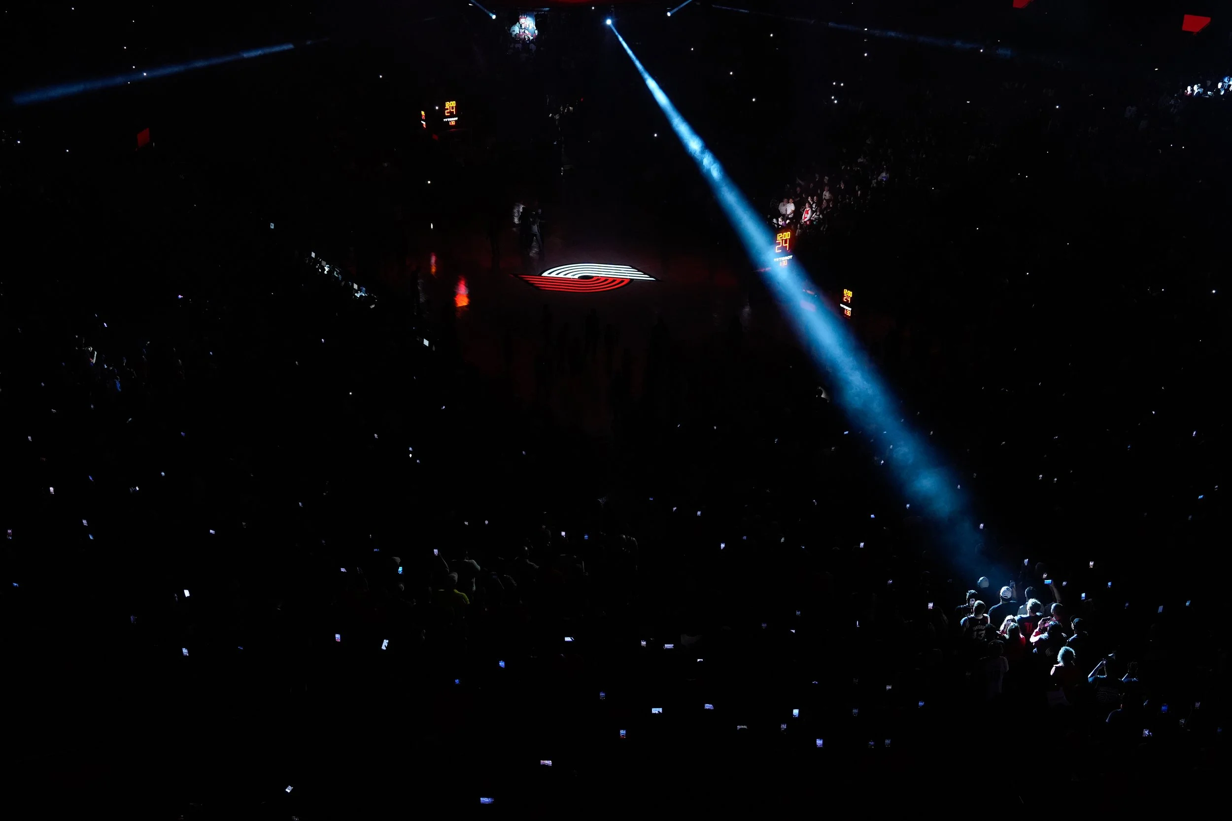 Fans watch Portland Trail Blazers player introductions before Game 4 of a first-round NBA basketball playoffs series against the San Antonio Spurs, in Portland, Ore., Sunday, April 26, 2026. 