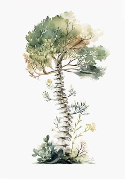 Watercolor illustration of a tall, spiral-shaped tree with green foliage at the top and various small plants at the base.