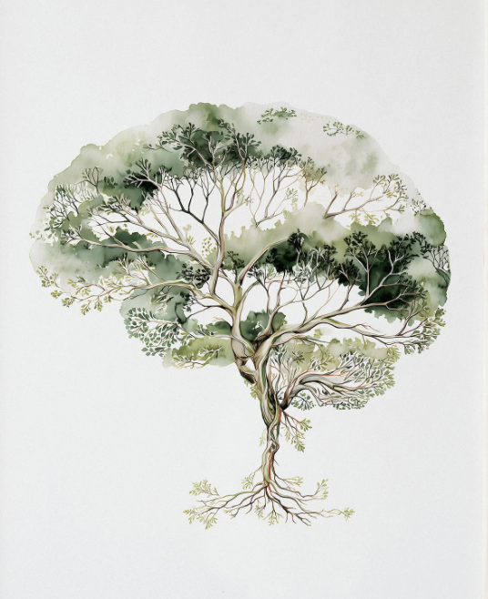 Watercolor painting of a tree with green foliage and visible roots.