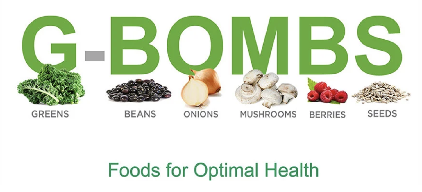 A graphic titled "G-Bombs" with images of greens, beans, onions, mushrooms, berries, and seeds, and the caption "Foods for Optimal Health."