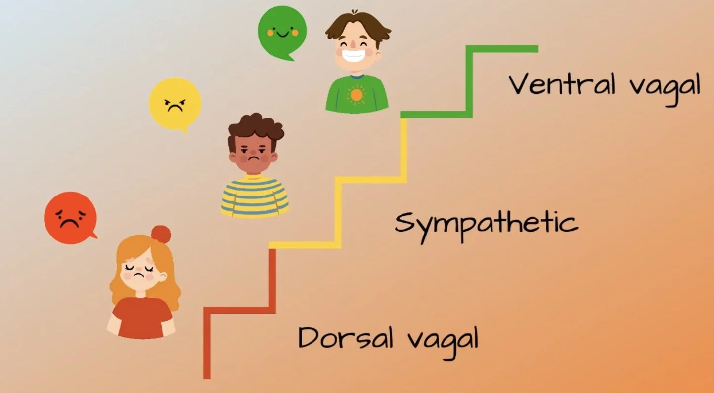 Diagram showing the sympathetic nervous system with a girl feeling sad, a boy feeling angry, and a happy boy, labeled with dorsal vagal at the bottom, sympathetic in the middle, and ventral vagal at the top.