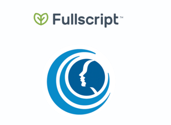 Fullscript logo with the Brain Health Maine logo - a stylized blue circular design and a face profile - and the word 'Fullscript' with a green leaf icon above it.
