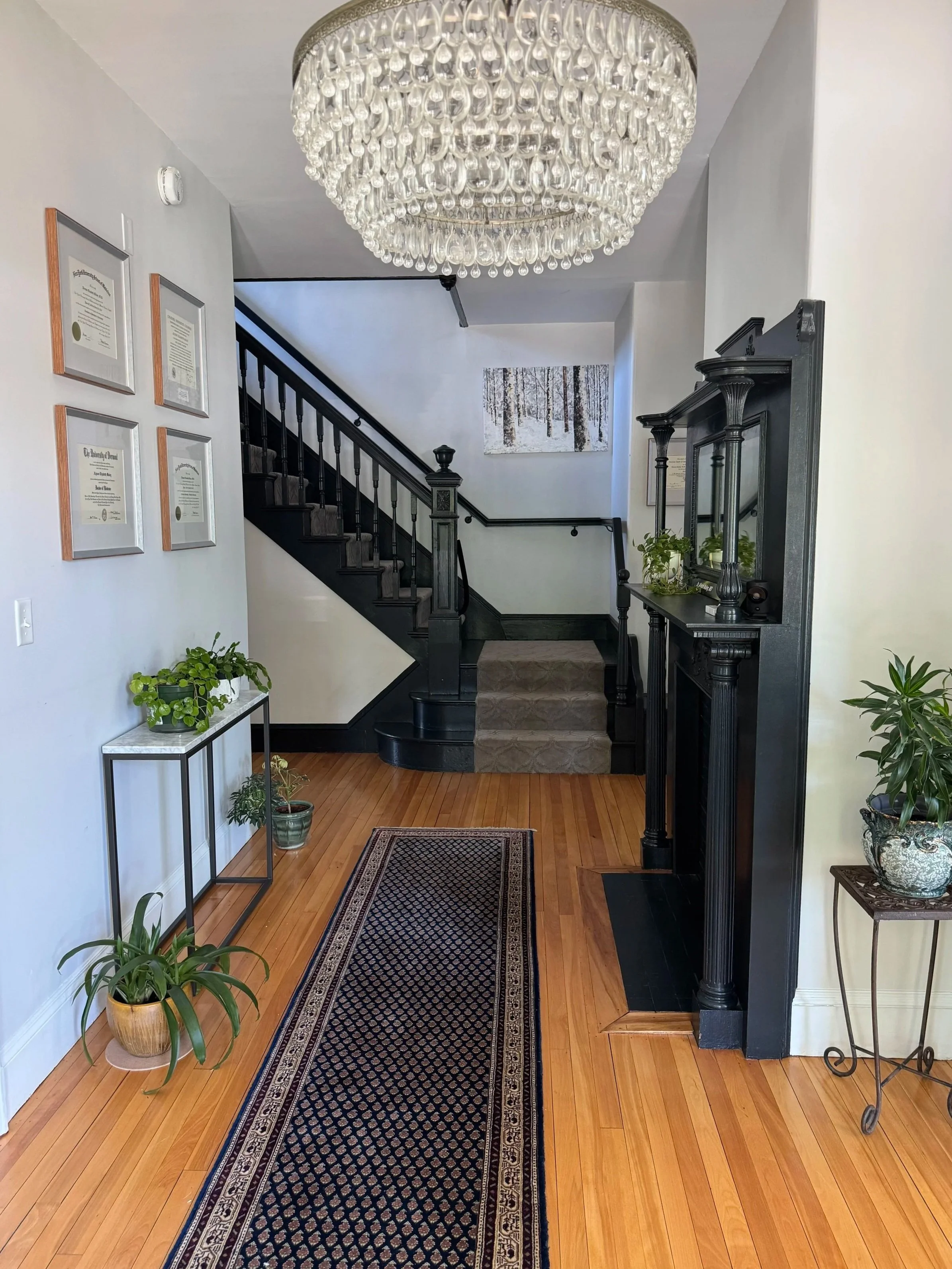 A hallway with a black staircase and banister leading upstairs, a large crystal chandelier hanging from the ceiling, a long black and beige patterned runner rug on a hardwood floor, a black wooden hall table on the right with a mirror and potted plants, framed certificates on the left wall, and various potted plants along the hallway.