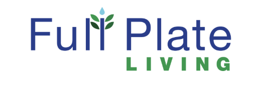 Full Plate Living logo with blue and green text and a water drop design above the 'i' in 'Full'