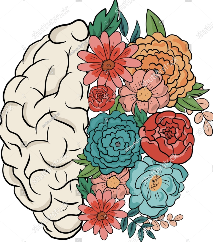 Illustration of a human brain with surrounding colorful flowers, including roses, daisies, and other blossoms.