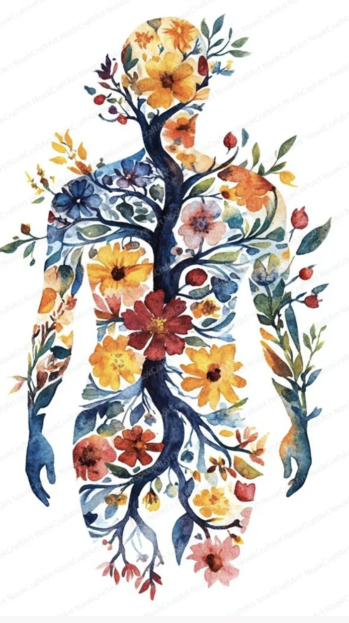 Watercolor painting of a human figure made up of colorful flowers and leaves, with a dark blue and black branch-like structure forming the body and limbs.
