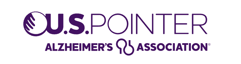 U.S. Pointer logo with purple text and icons for Alzheimer's Association.