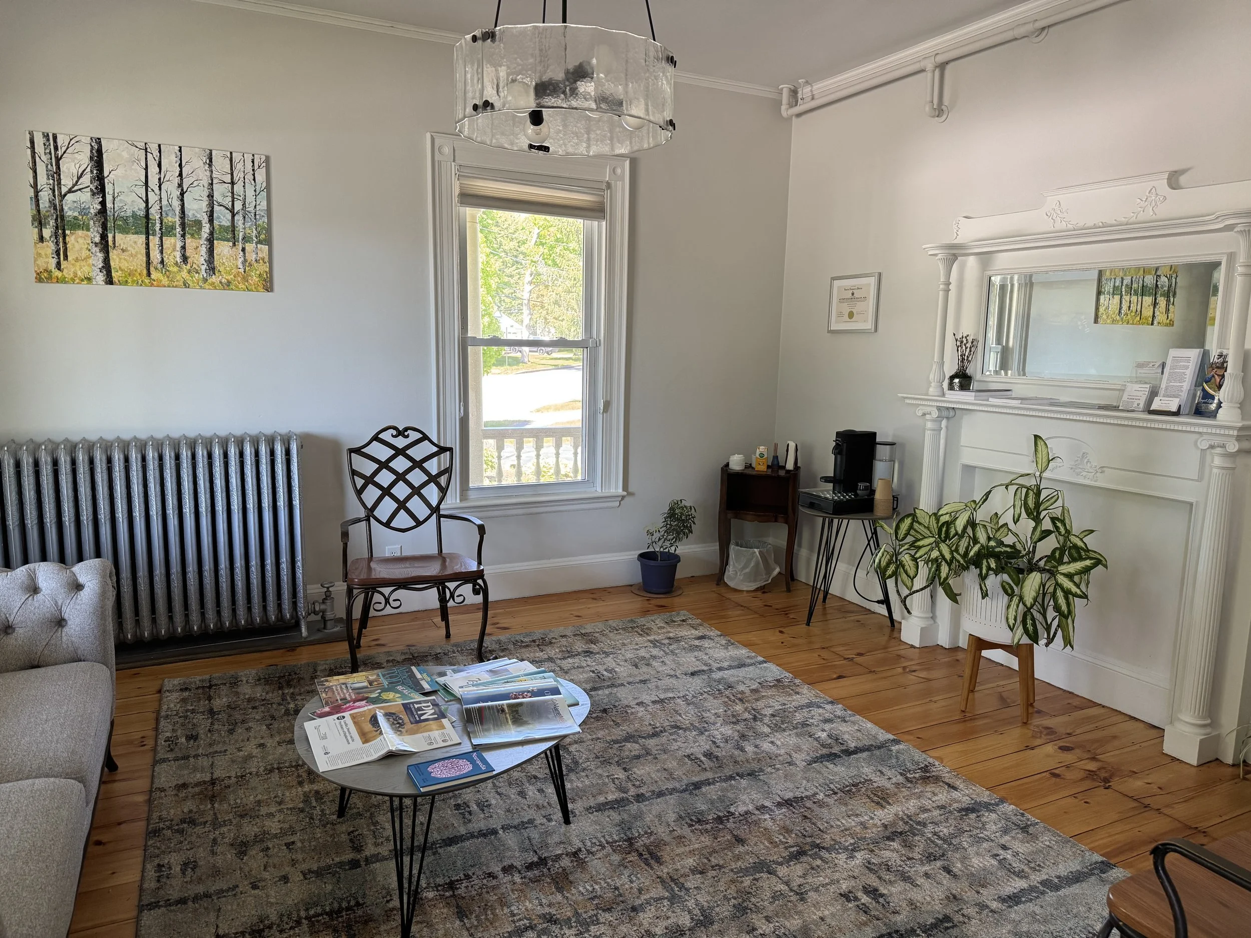 A cozy office or waiting room featuring white walls, wooden flooring, a large window with blinds, a vintage white fireplace with decorative molding, and a black chair with a lattice backrest. There is a radiator beneath a landscape painting of trees, and a small table with magazines and pamphlets. Houseplants and framed certificates are also visible.