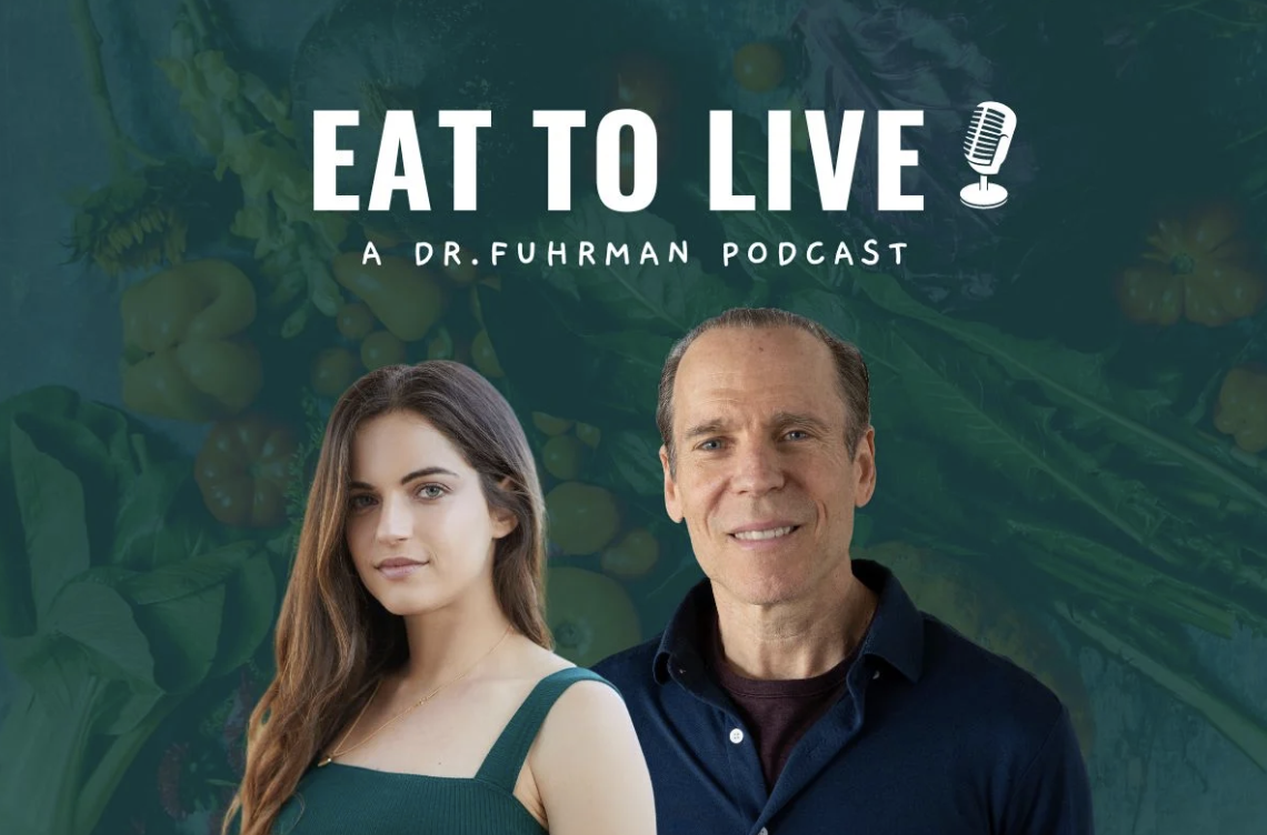 Podcast cover with the title "Eat to Live" and images of a young woman and an older man against a leafy background.