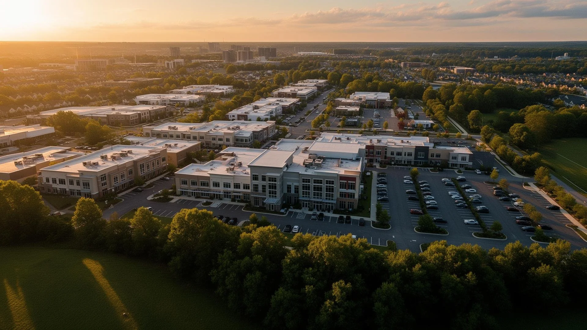 Aerial view of a commercial area with several modern, white roof buildings, parking lots filled with cars, surrounded by lush green trees, under a warm, setting sun.