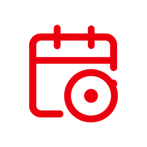 Red calendar icon with a clock or timer symbol on a black background.
