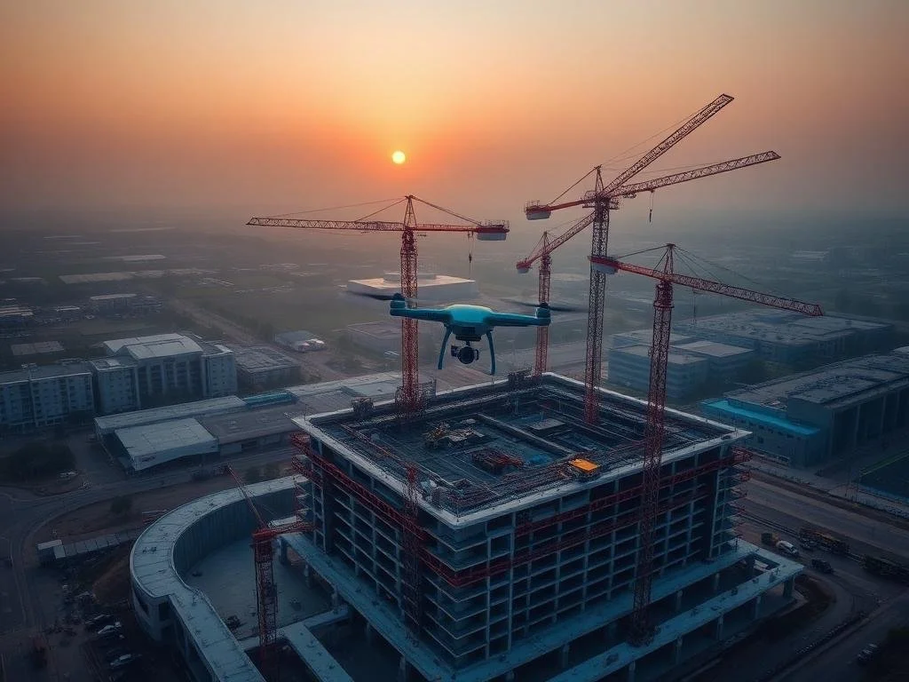 Drone flying above a construction site with multiple cranes at sunset, overlooking a partially built high-rise building.
