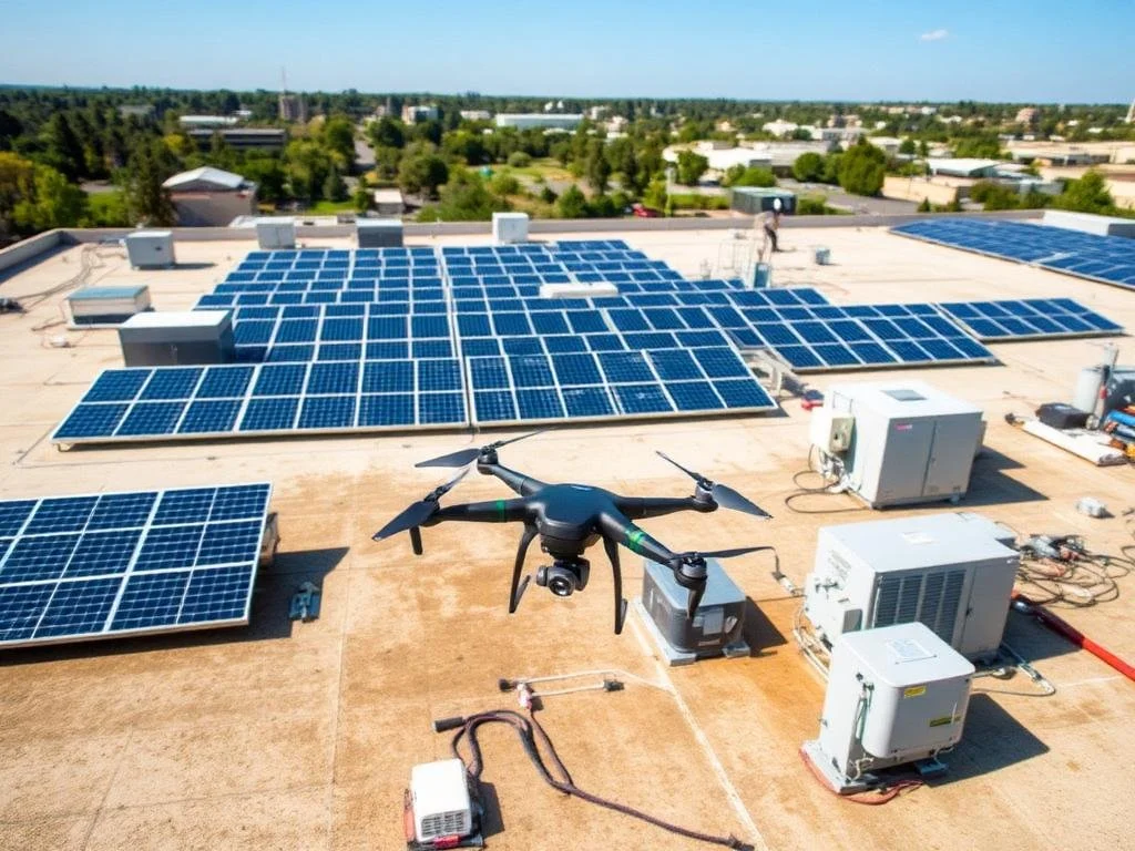 Drone flying over a rooftop with multiple solar panels and HVAC units, in a suburban or industrial area.