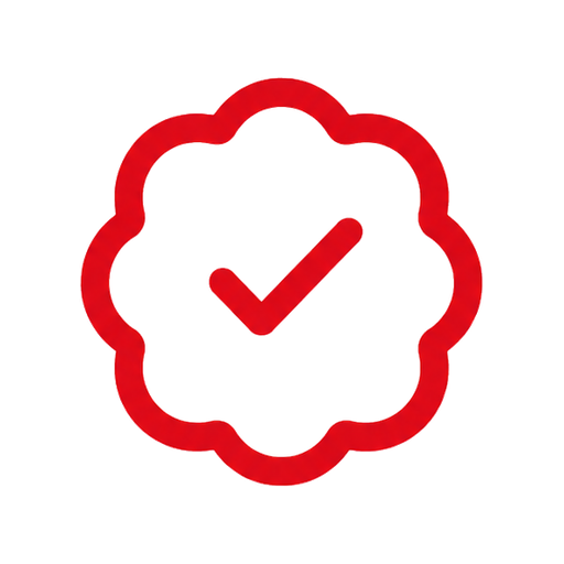 A red check mark inside a red scalloped circle, resembling a badge or approval icon.