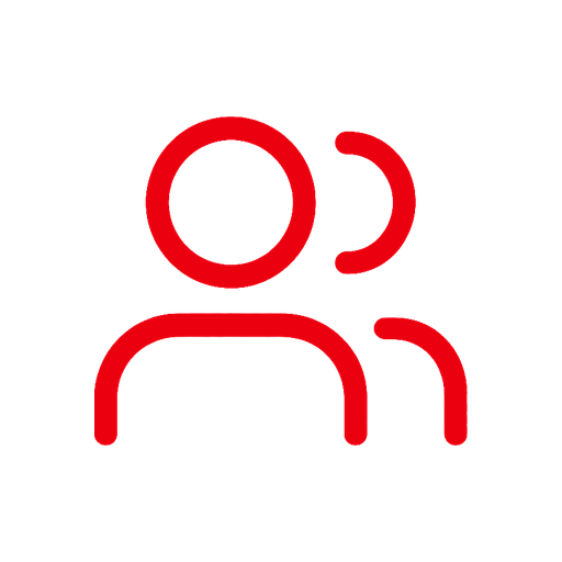 Red outline icon of two people, one in front and one behind, on a black background.