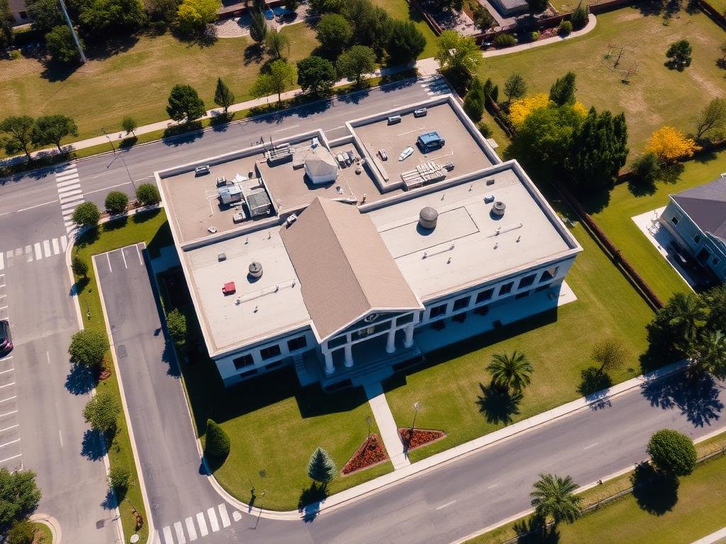 Aerial view of a large, rectangular white building with a gabled entrance, surrounded by a well-maintained lawn, trees, and sidewalks in a suburban neighborhood.