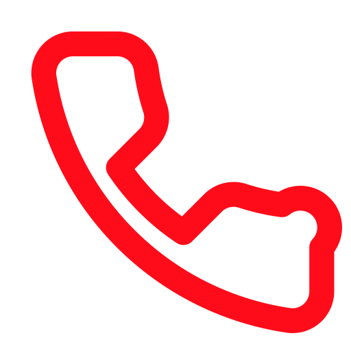 Icon of a telephone handset in red on a black background.