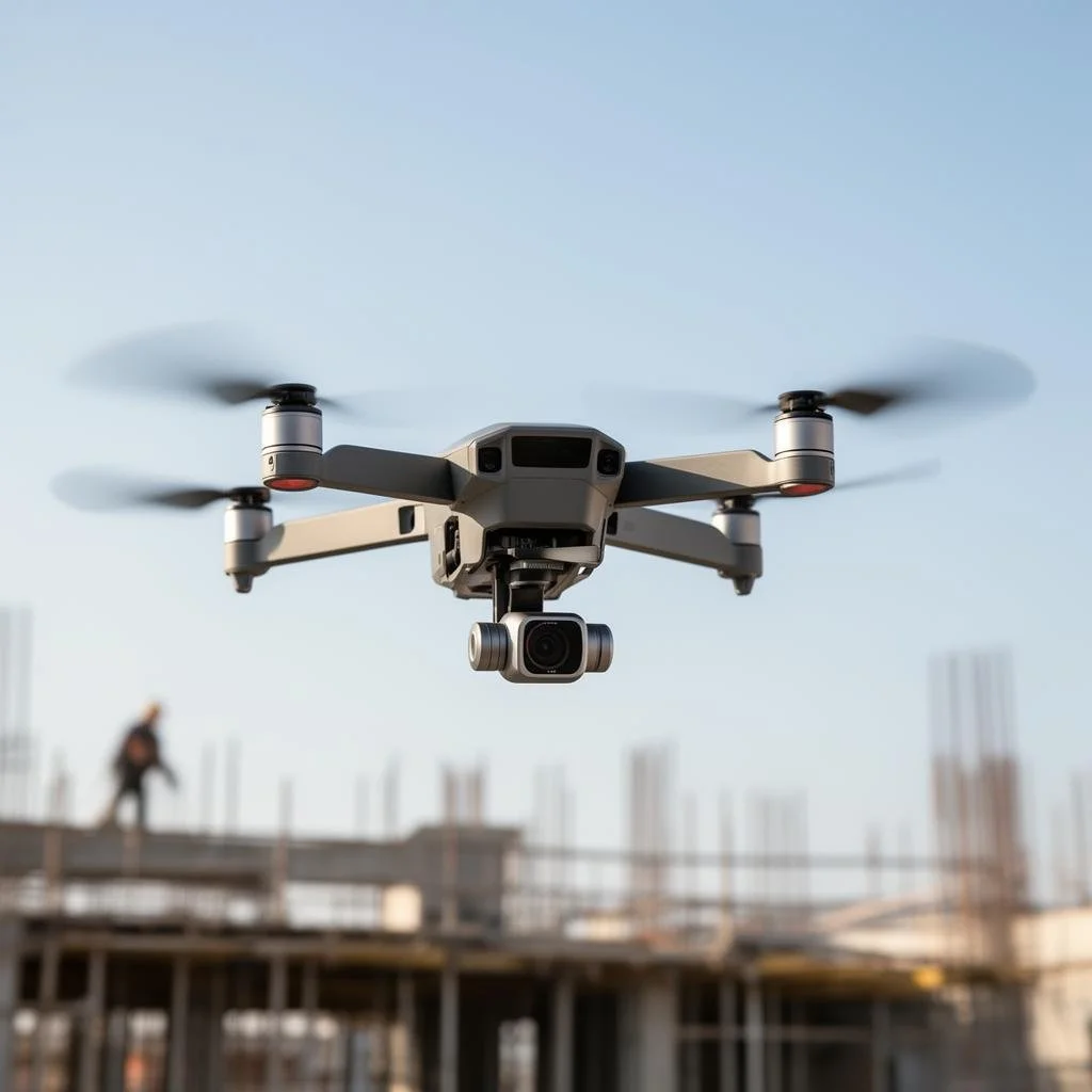 A drone with a camera flying in the sky above a construction site.