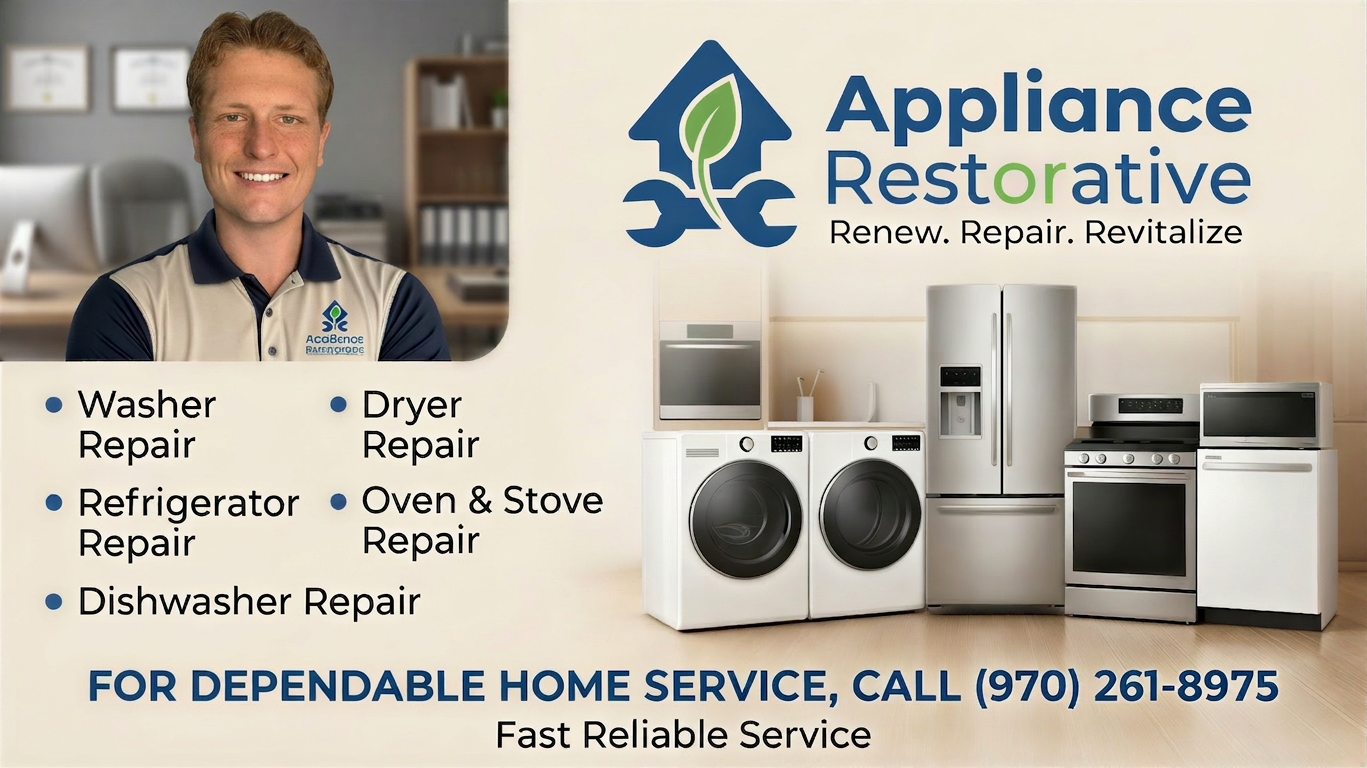 Advertisement for Appliance Restorative featuring a man in a beige and navy polo shirt with a company logo, standing in a home environment. The ad offers repair services for appliances like washers, dryers, refrigerators, ovens, stoves, and dishwashers, with contact information and a slogan emphasizing reliable, fast home service.