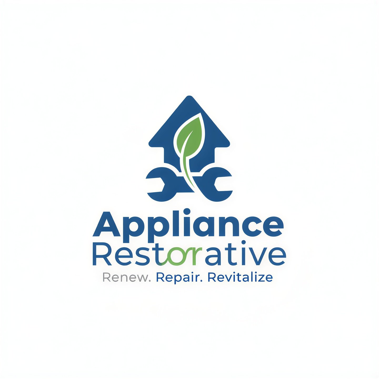 A logo for Appliance Restorative featuring a blue house with a green leaf and two blue wrenches underneath, along with the words "Appliance Restorative" and the tagline "Renew. Repair. Revitalize."