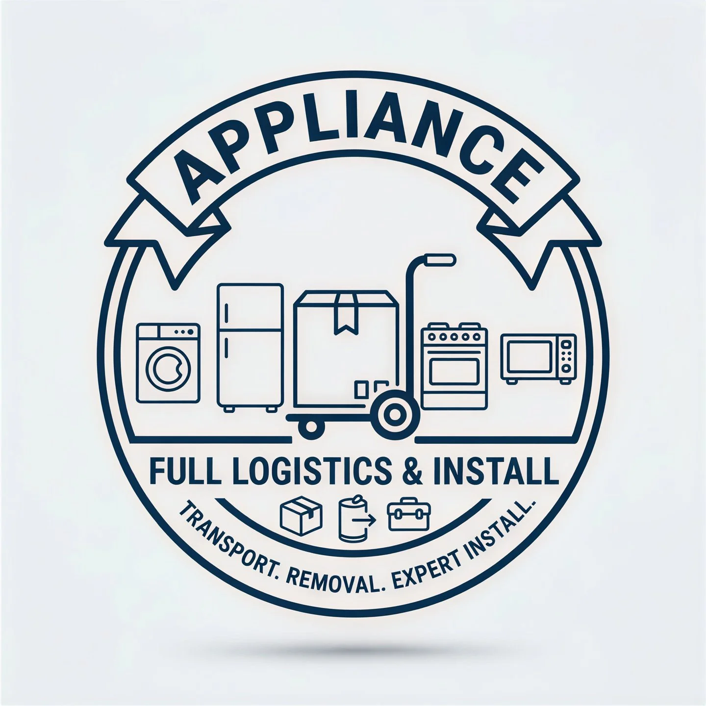 Circular logo featuring icons of home appliances like washing machine, refrigerator, moving box, and microwave, with text "Appliance" at the top and "Full Logistics & Install" at the bottom, emphasizing transport, removal, and expert installation services.