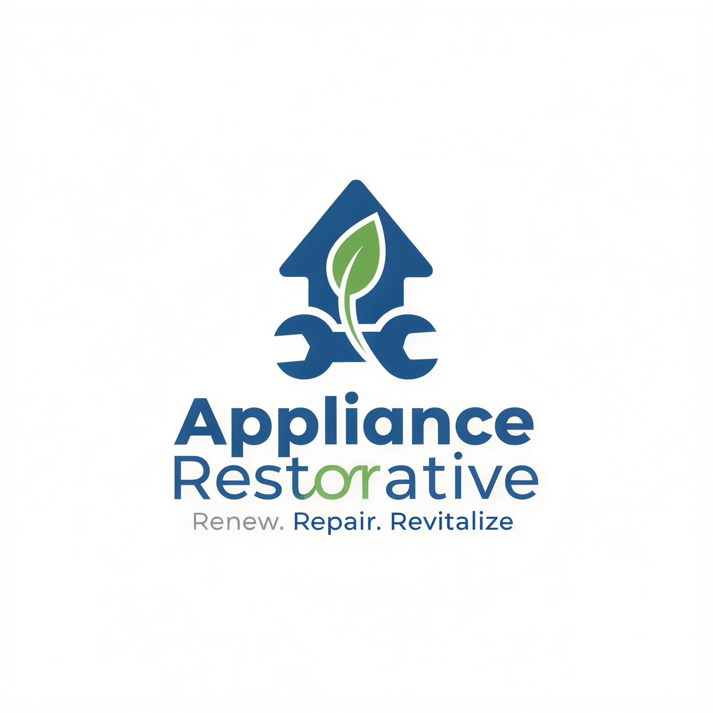 Logo for Appliance Restorative featuring a wrench and screwdriver crossed behind a house with a green leaf, and the words 'Appliance Restorative' with the tagline 'Renew. Repair. Revitalize.'