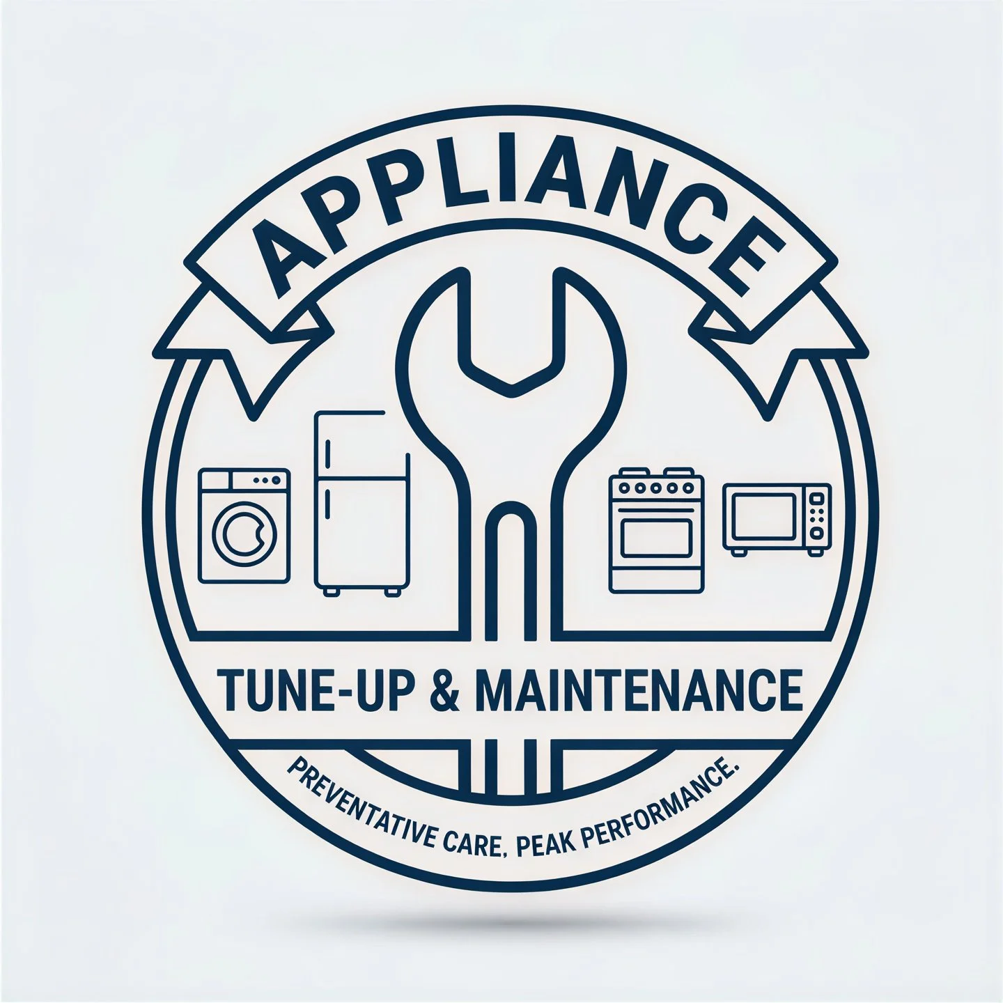 Circular logo for Appliance Tune-Up & Maintenance with icons of washing machine, refrigerator, stove, and microwave, and text "Preventative Care, Peak Performance"