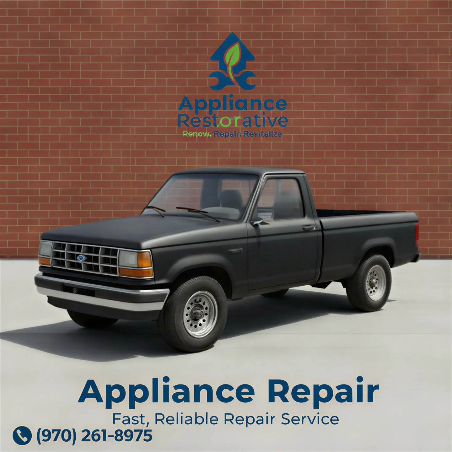 A black pickup truck parked outside a brick building with a sign for appliance repair services. The sign reads 'Appliance Restorative - Renew. Repair. Revitalize' with a phone number (970) 261-8975.