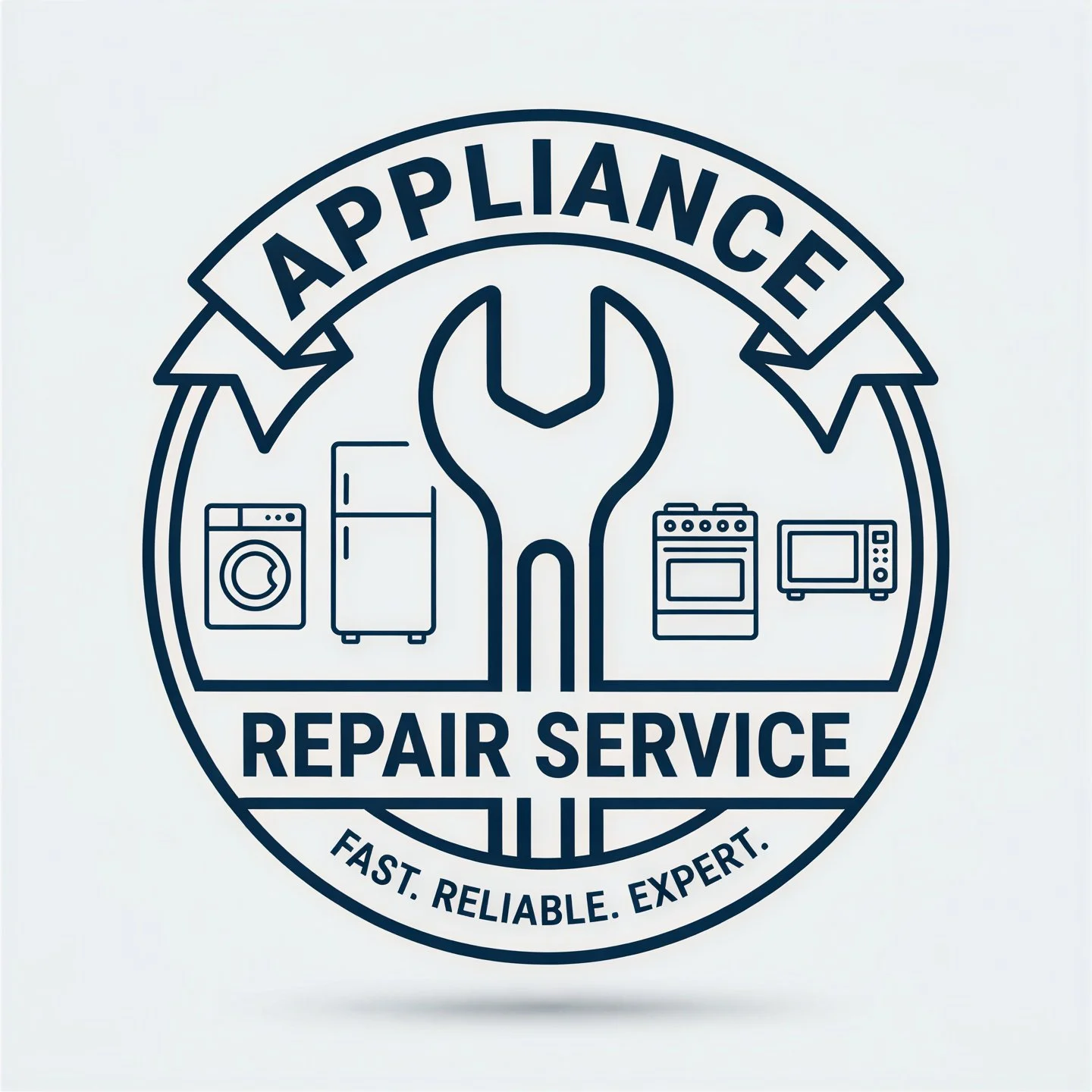 Logo for appliance repair service with icons of washing machine, refrigerator, oven, and microwave, and text saying 'Appliance Repair Service' with a slogan 'Fast. Reliable. Expert.'