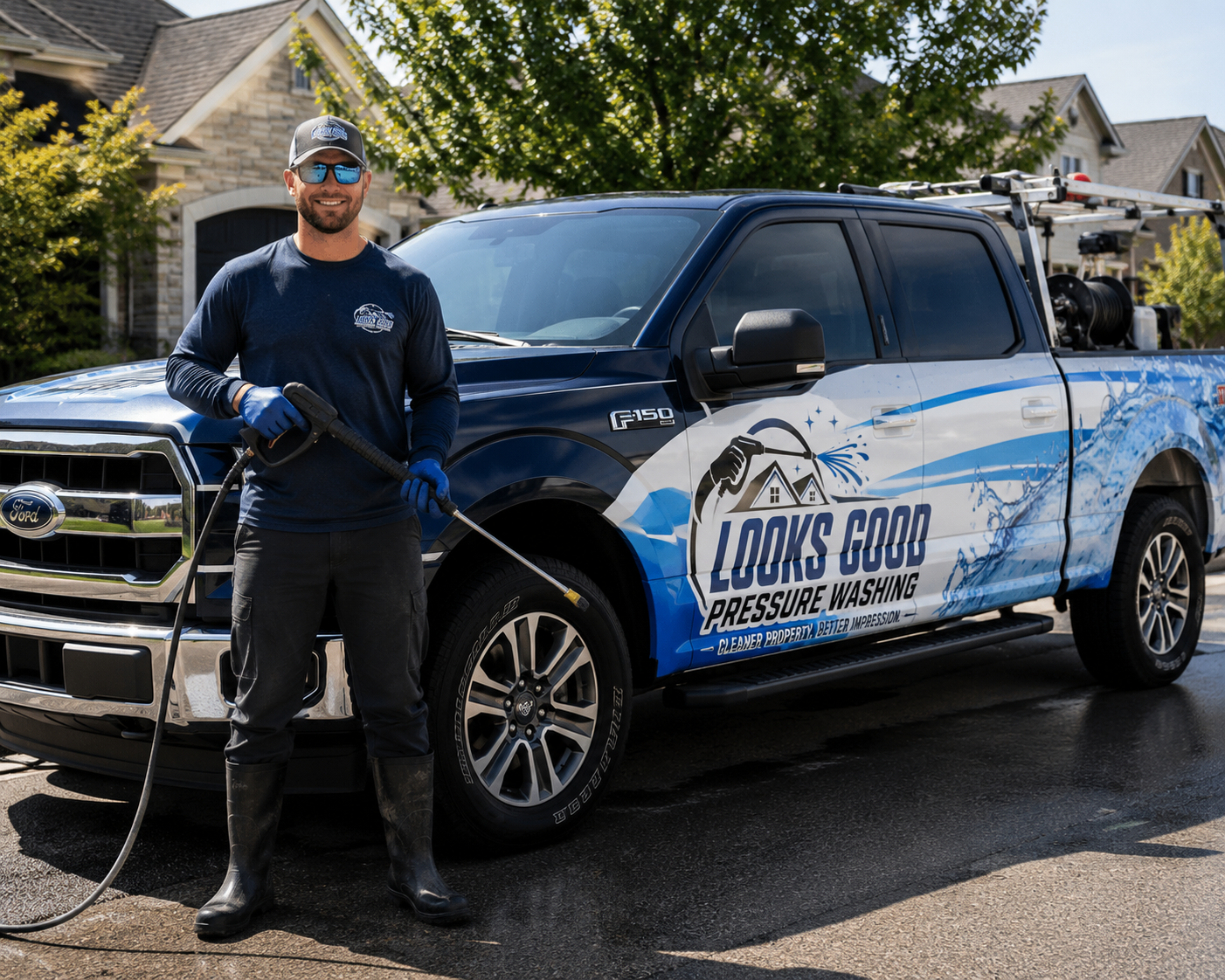 A man in work attire and rubber boots standing beside a pressure washing truck, holding a pressure washer wand, in a residential driveway with houses and trees in the background.