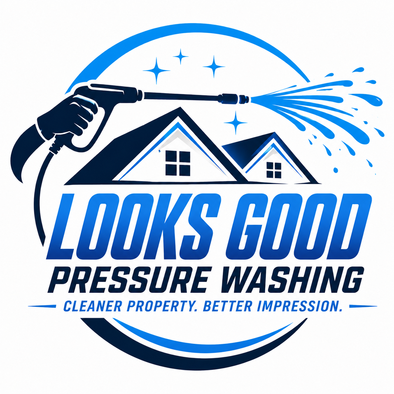 A logo for a pressure washing service showing a hand holding a pressure washer and cleaning house rooftops with water spray, surrounded by stars and a semi-circle. The text reads 'LOOKS GOOD PRESSURE WASHING' with the tagline 'CLEANER PROPERTY. BETTER IMPRESSION'.