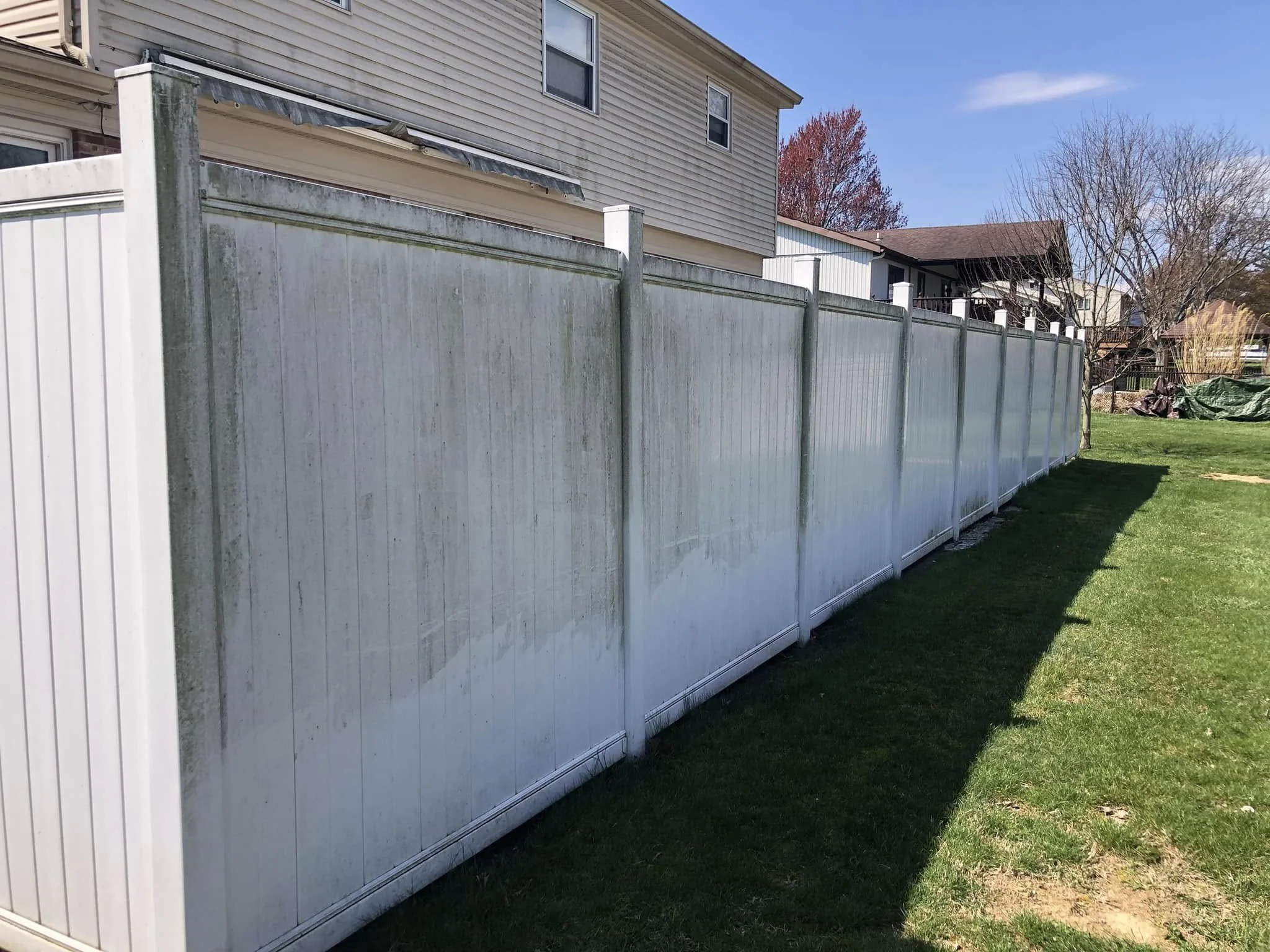 A white vinyl privacy fence in a backyard with grass, neighboring houses, trees, and a clear blue sky.