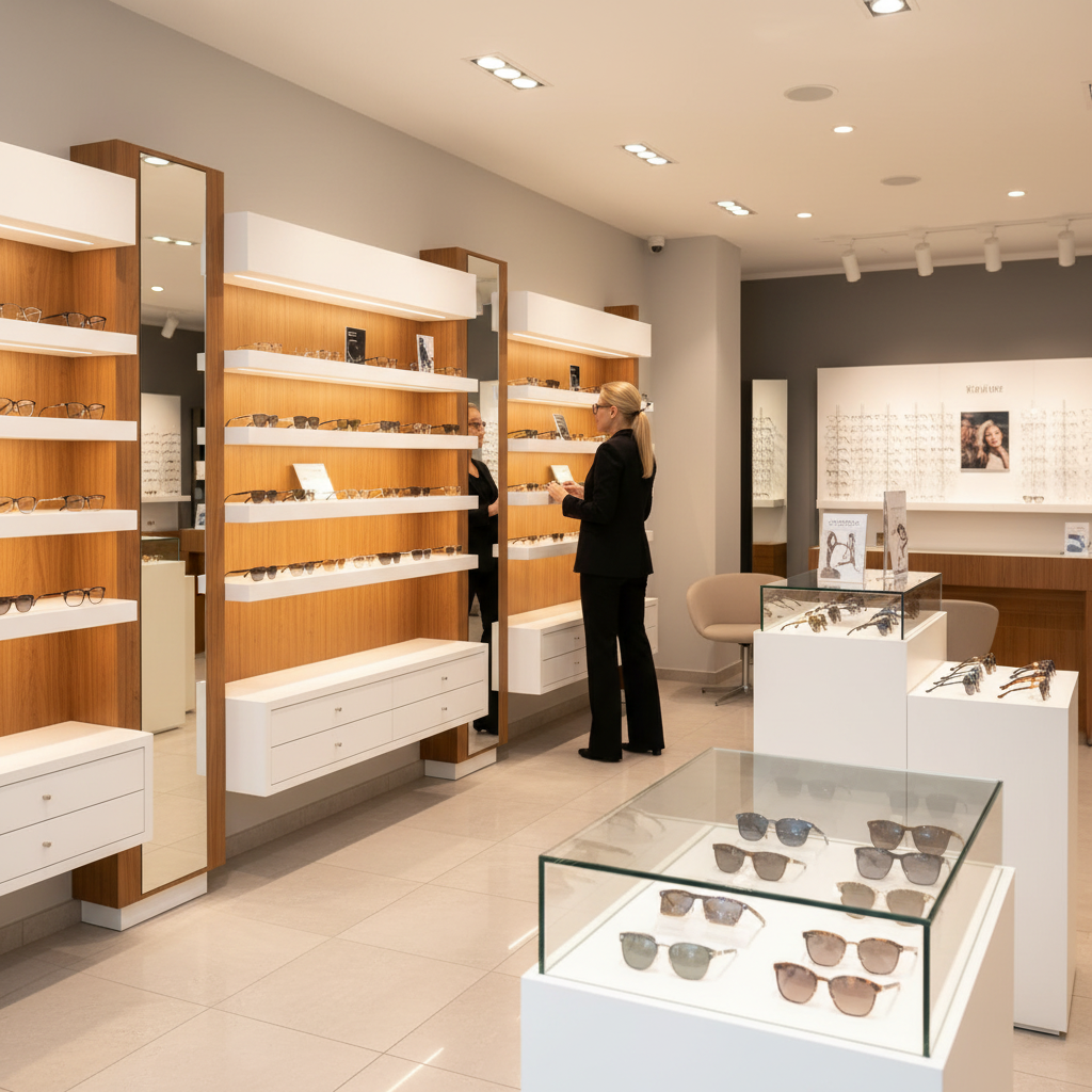 Modern eyewear boutique interior showcasing organized displays and a client exploring frames — representing Optology’s focus on clarity and design.
