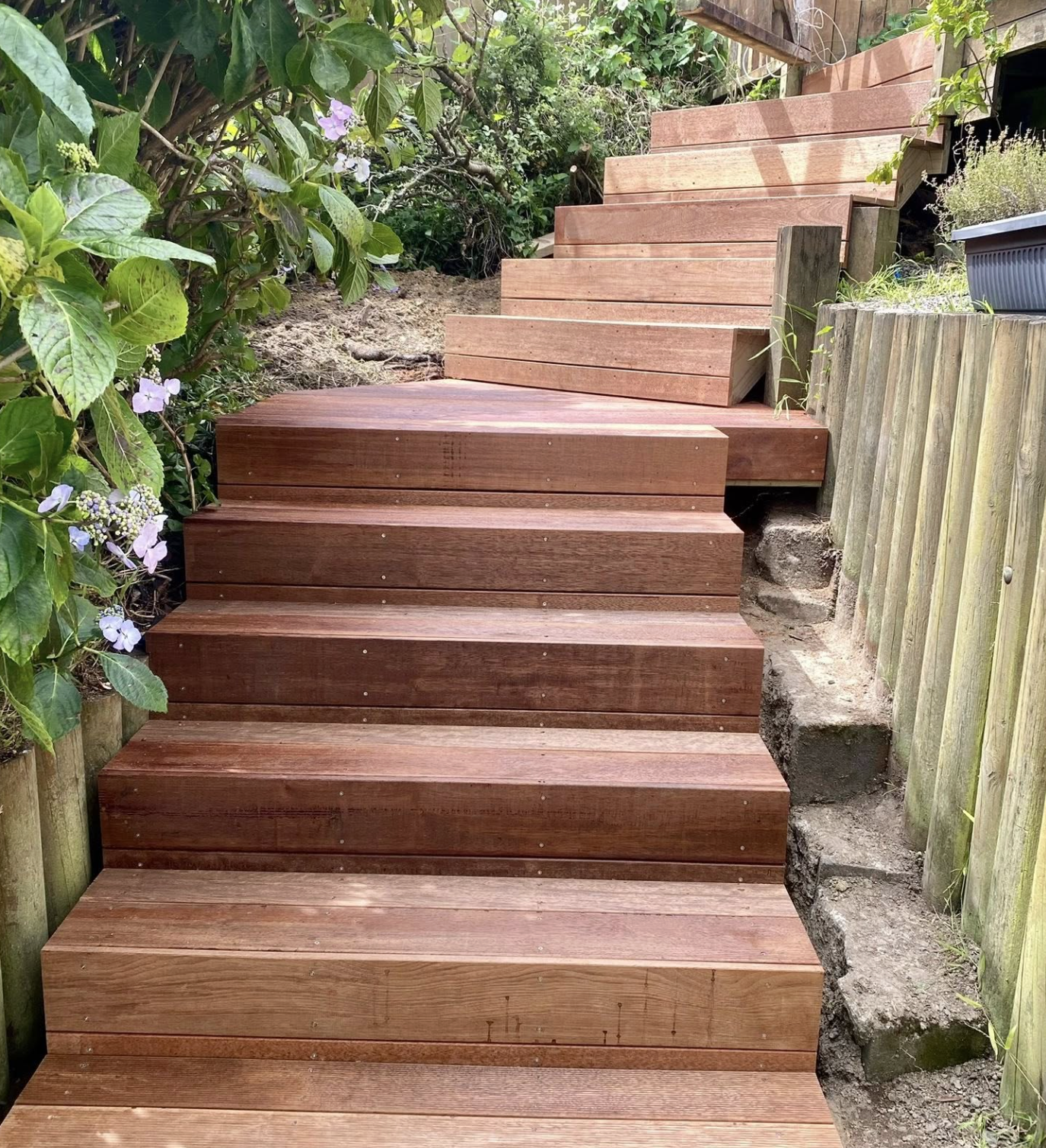 Wooden outdoor stairs with plants on both sides and a wooden fence on the right.