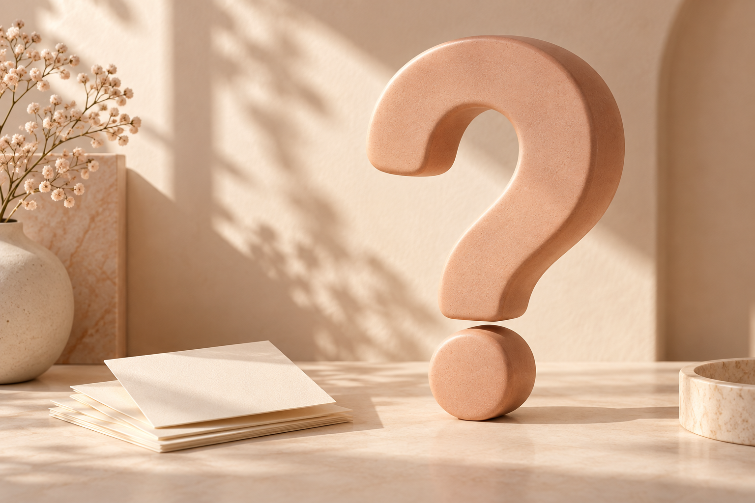 A pink question mark sculpture on a light-colored surface with a vase of flowers, a stack of paper, and a bowl nearby in a softly lit setting.