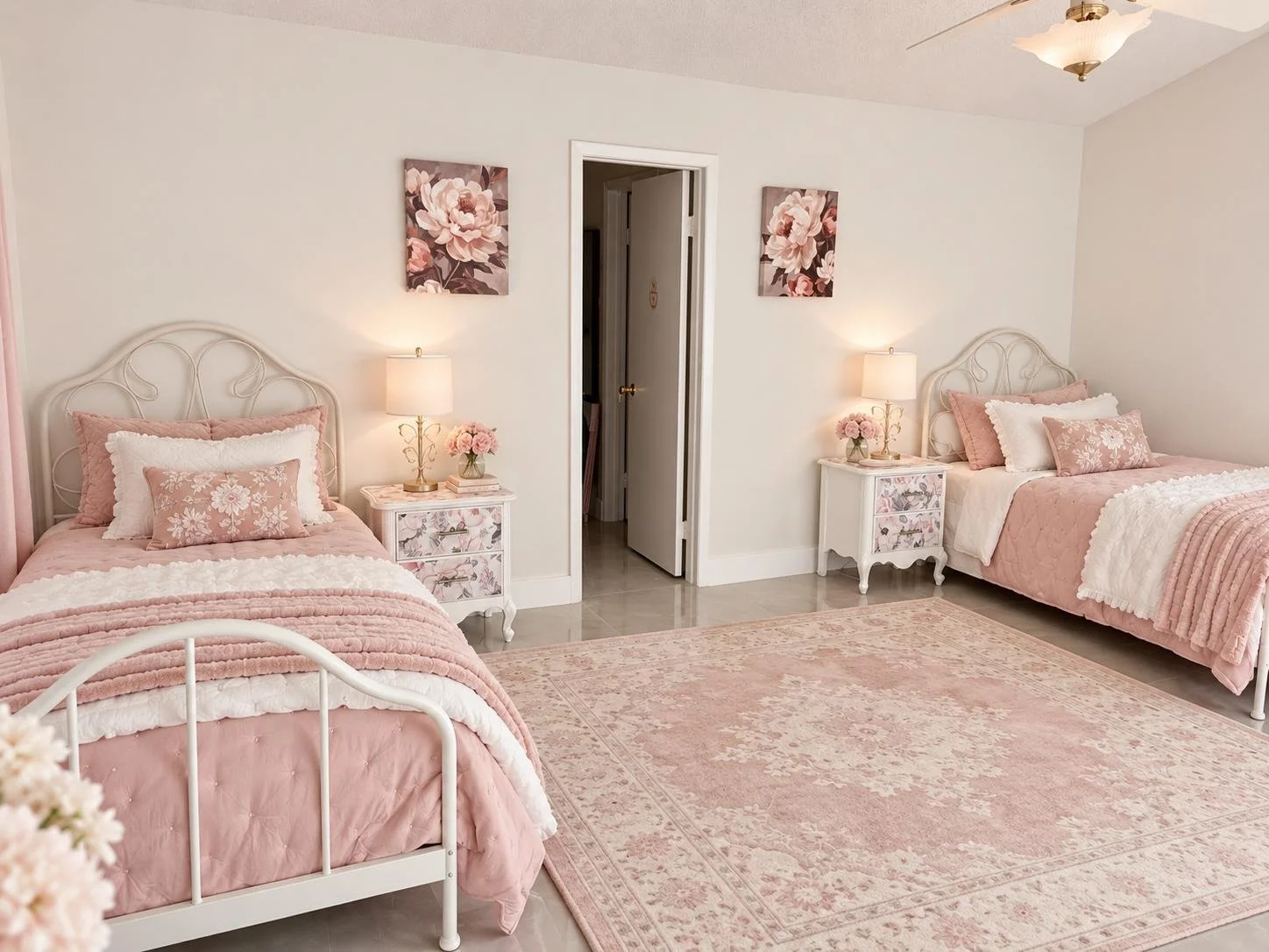 A bedroom with two twin beds with pink bedding, white metal headboards, and matching nightstands. Each nightstand has a lamp and a small flower arrangement. There are floral artwork on the walls and a large pink rug on the floor.
