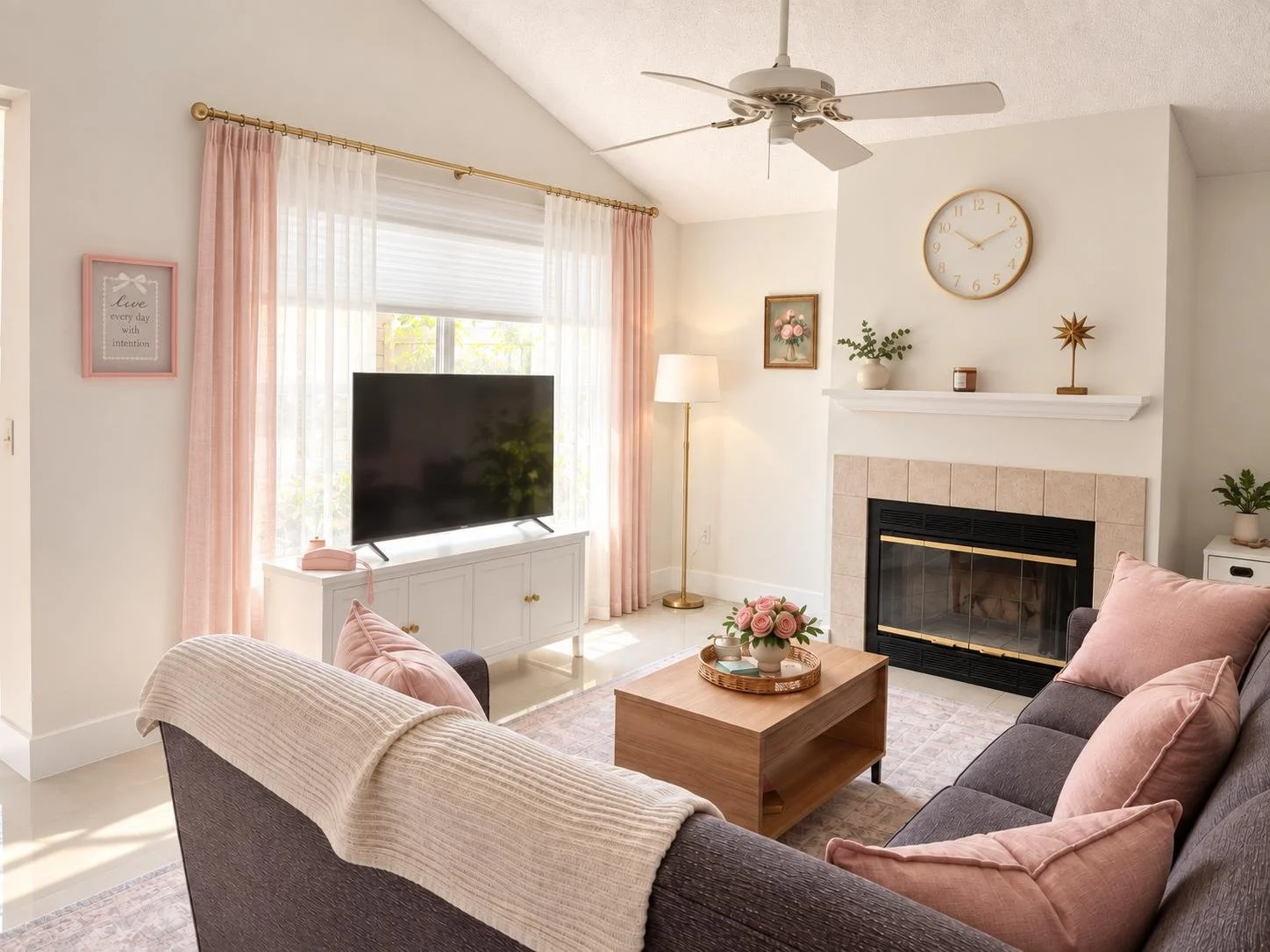 Living room with a gray sofa with pink pillows, a wooden coffee table with a pink flower arrangement, a white TV stand with a flat-screen TV, a window with pink and white curtains, a fireplace with decorative items on the mantel, a white wall clock, a tall floor lamp, and wall art, all in soft pastel colors.