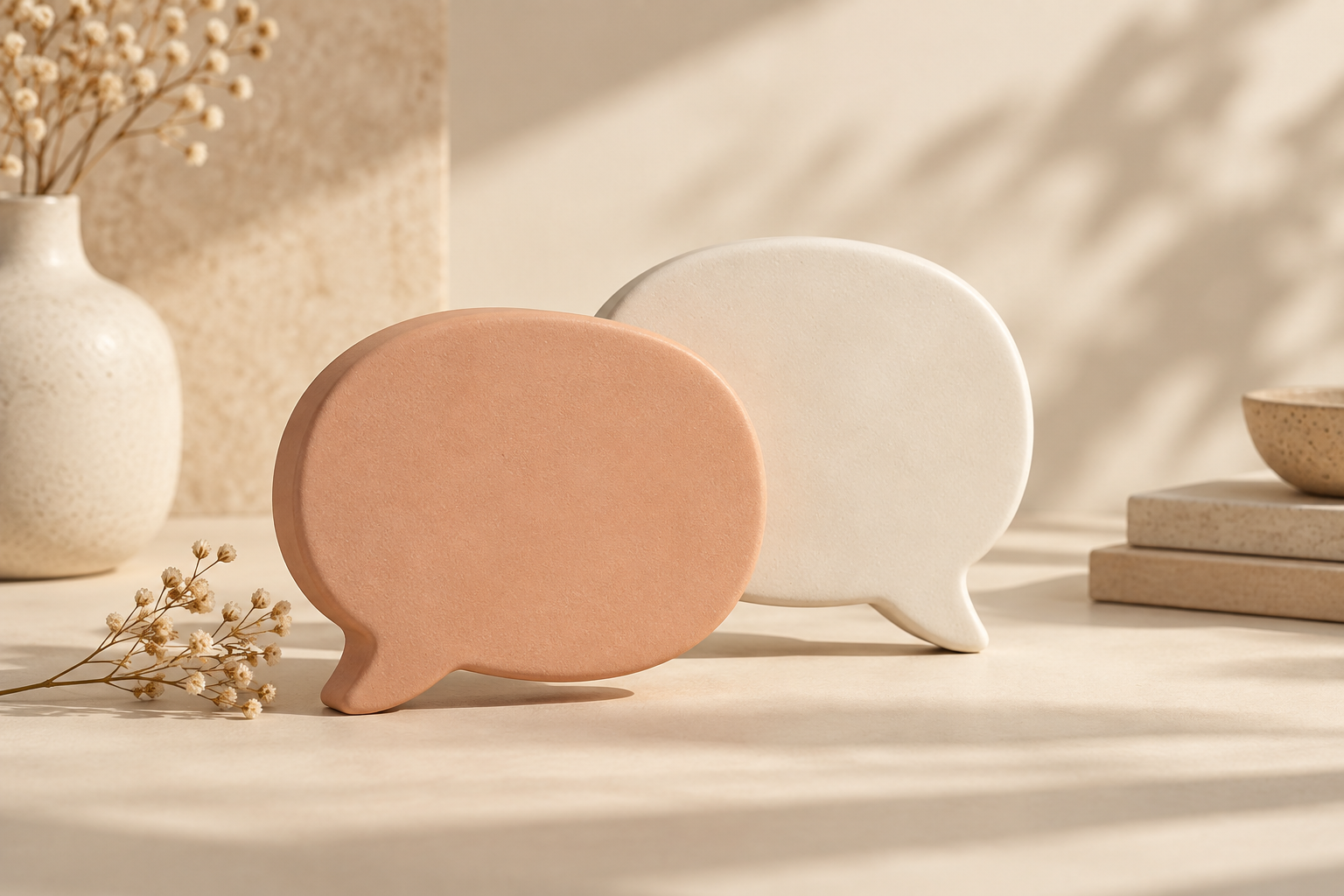 Two ceramic speech bubble-shaped objects, one pink and one white, on a beige surface with a neutral background. A vase with dried white flowers is on the left, and stacked stones and a bowl are on the right.