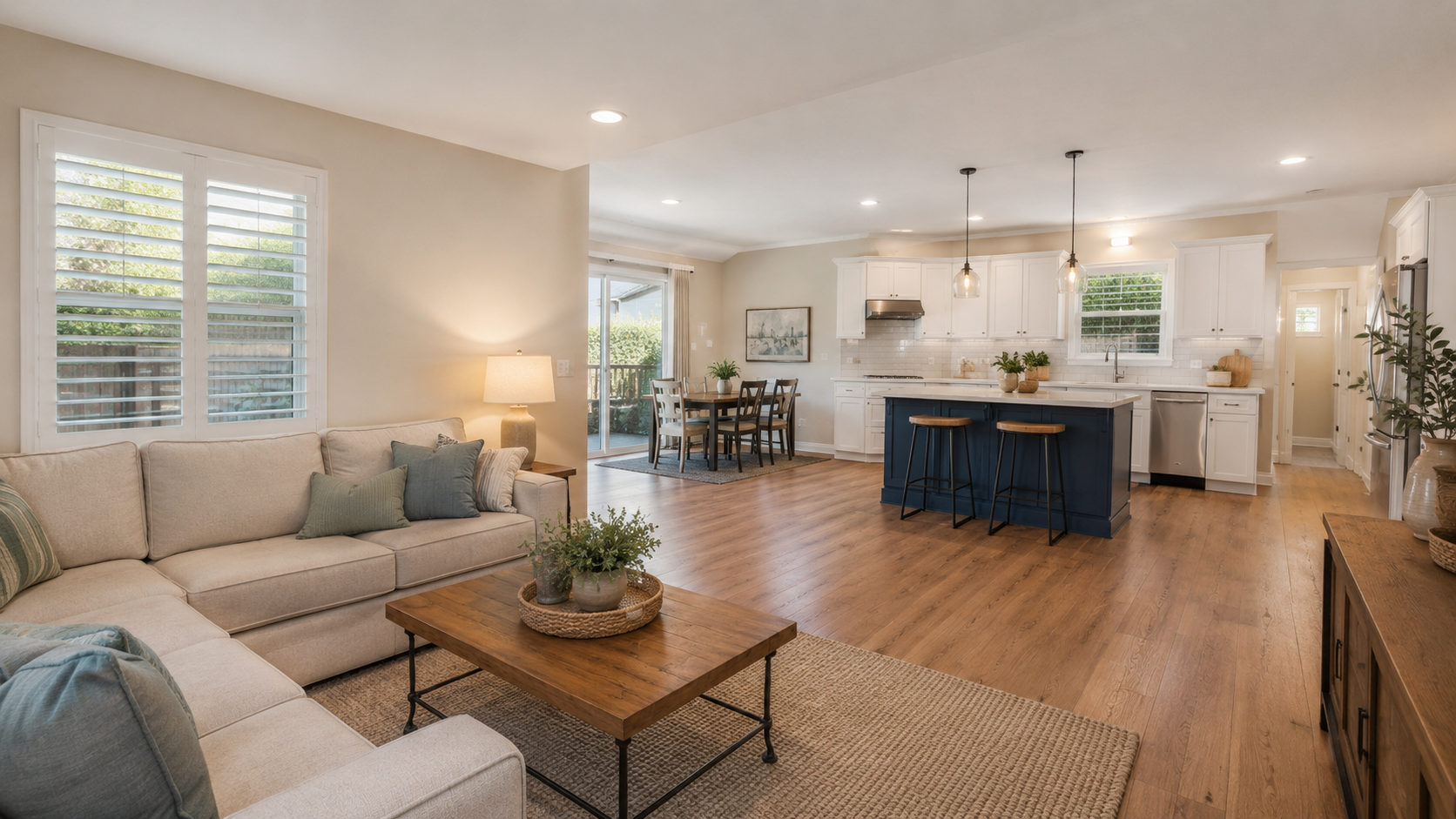 Open-plan living room and kitchen with a large island and wood flooring