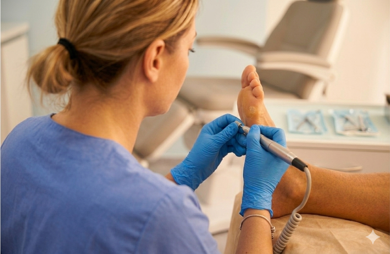 Professionnel de la santé utilisant un appareil pour traiter le pied d'un patient, en milieu médical.