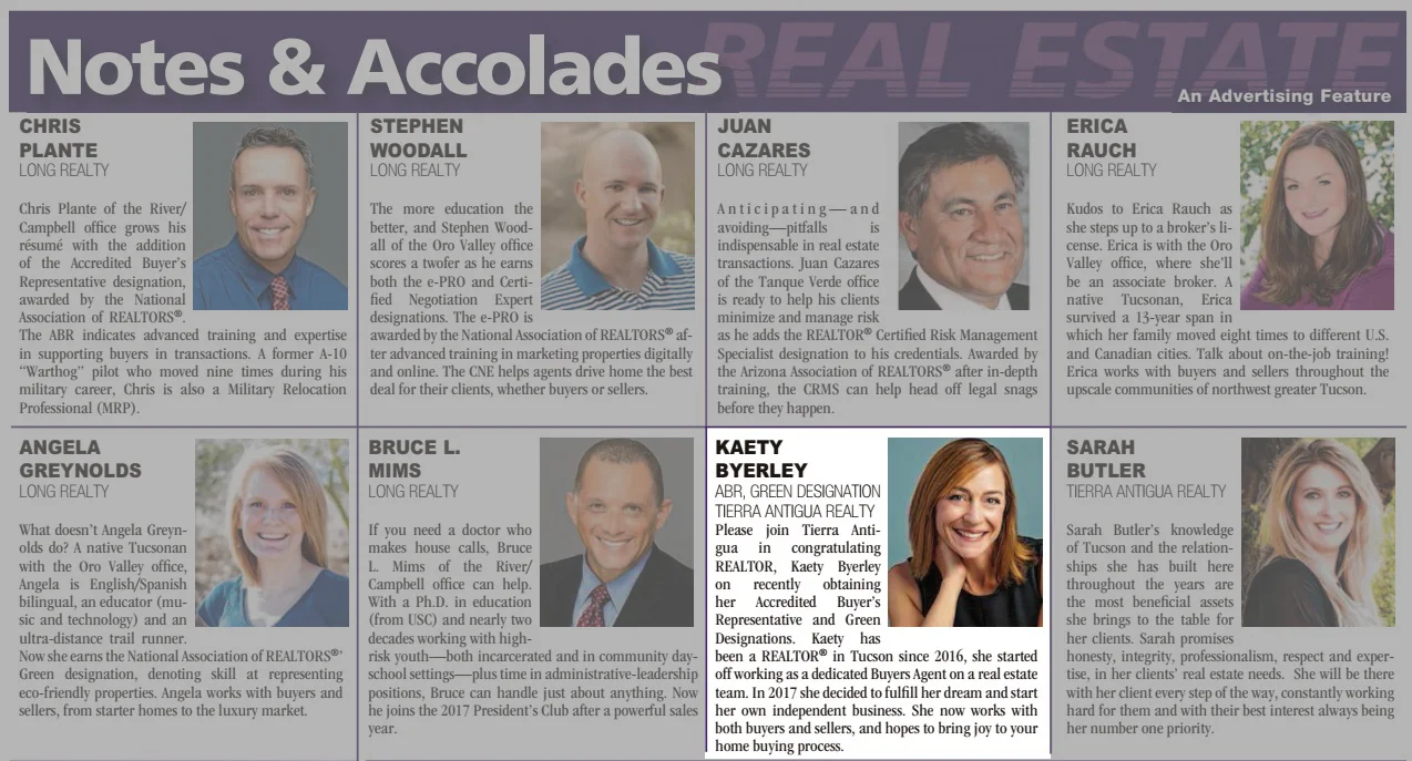 Section of a real estate newsletter titled 'Notes & Accolades' featuring headshots and descriptions of nine real estate agents, including Chris Plante, Stephen Woodall, Juan Cazares, Erica Rauch, Angela Greynolds, Bruce L. Mims, Kaety Beyler, and Sarah Butler.