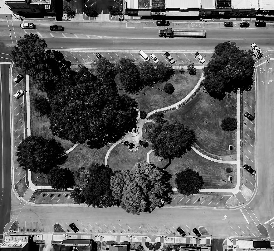 An aerial view of the town square in Headland Alabama