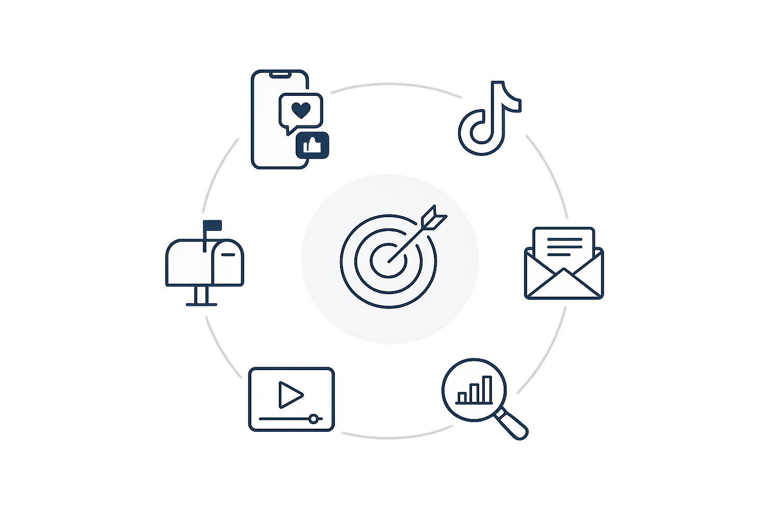 A digital illustration depicting various social media icons such as Facebook, Instagram, TikTok, and email surrounding a central target icon, signifying social media marketing and online engagement.