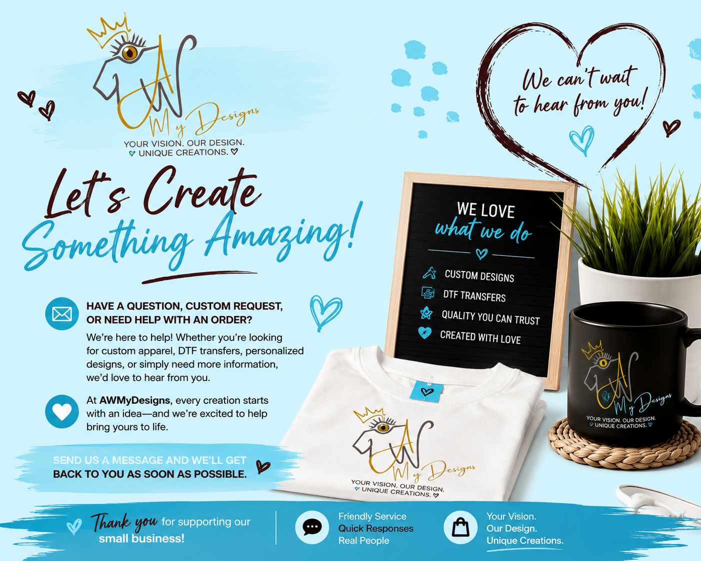 A promotional graphic for AWMY Designs, featuring text about creating custom designs, team values, and contact information. The image includes a blackboard, a white T-shirt, a black mug, and a potted plant.