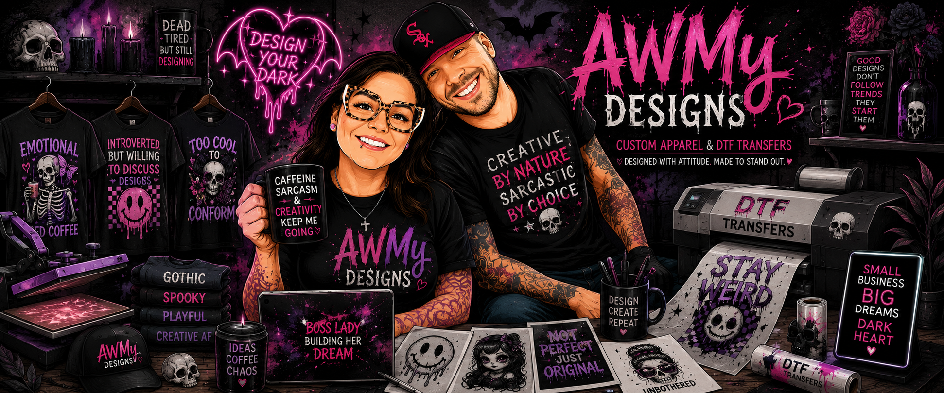 A digital illustration of two smiling people at a dark, goth-inspired design studio. The woman holds a mug that reads 'CAFFEINE SARCASTIC & CREATIVITY KEEP ME GOING.' The man wears a black cap and t-shirt with pink text. The background features shelves with skulls, candles, and framed motivational quotes. T-shirts with skulls and positive slogans hang on a rack. The workspace has a printing machine, art supplies, mugs, and banners with skull and heart motifs, all with a pink and black color scheme.