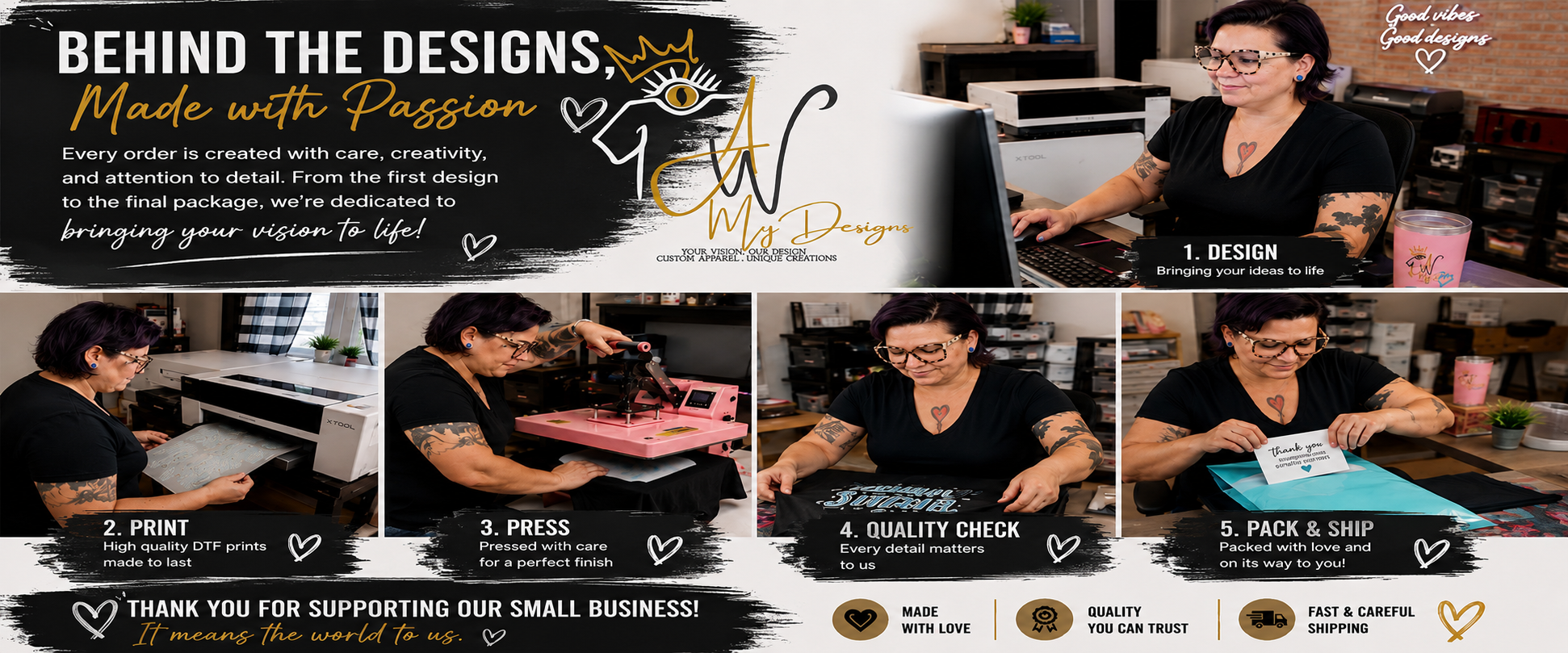 A woman with tattoos, glasses, and dark hair working at her small business, creating custom design products. The image features a banner promoting the process from design, print, press, quality check, to packing and shipping, with captions and icons emphasizing love, trust, and careful attention to detail.