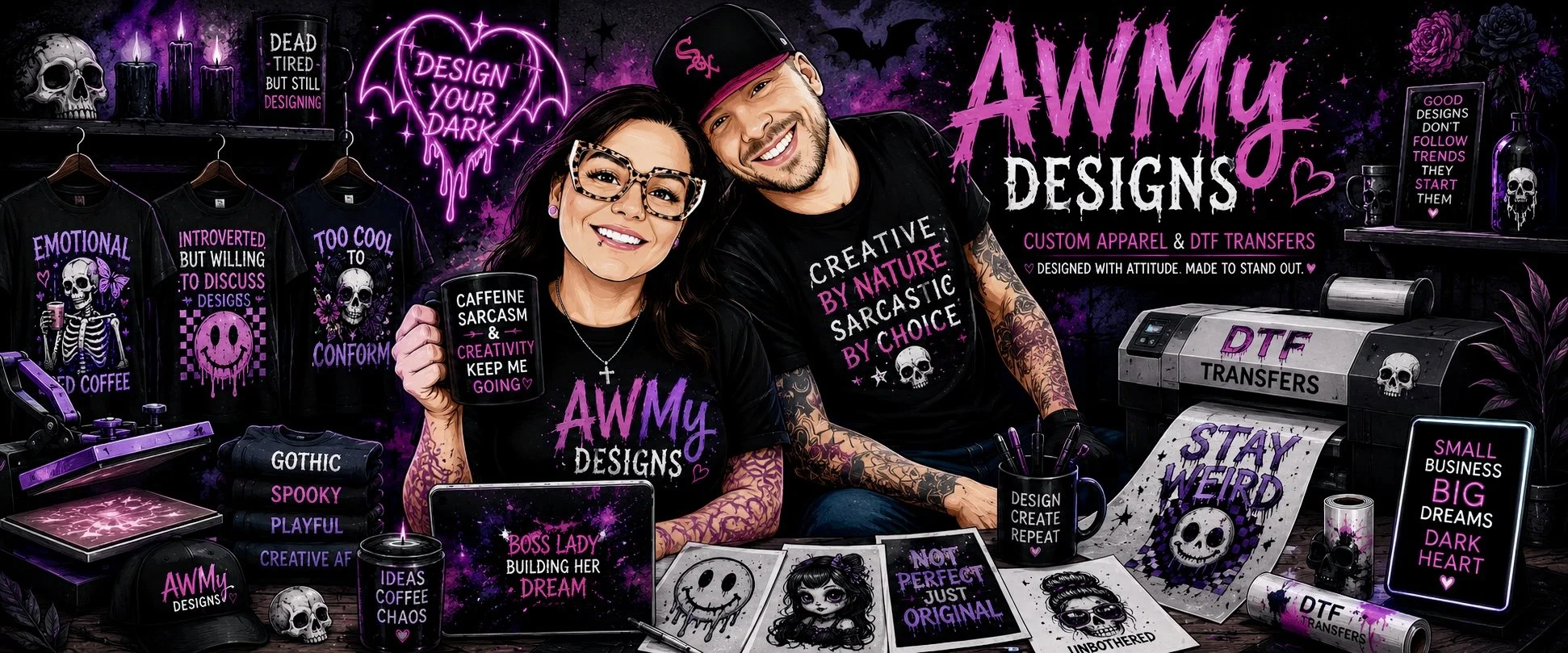 A vibrant, dark-themed promotional image for AWMY Designs featuring a smiling woman and man, both with tattoos, sitting at a booth displaying gothic-inspired merchandise. The background includes skulls, candles, and purple accents, with various t-shirts, mugs, and printed artwork centered around dark, spooky, and alternative themes.